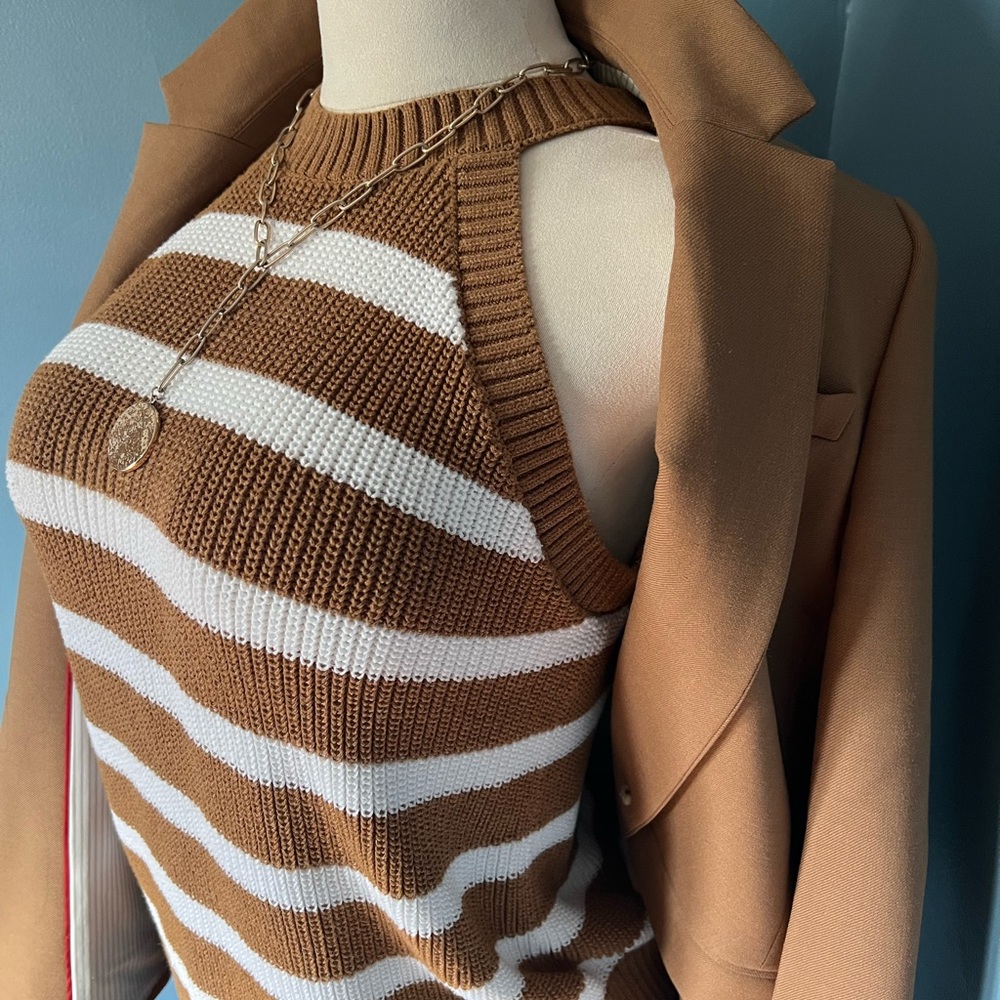 Preppy Cognac & White Striped Women's Tank Sweater